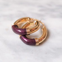 Load image into Gallery viewer, 14K Yellow Gold Deep Maroon Enamel Hoop Earrings