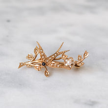 Load image into Gallery viewer, Vintage 9K Yellow Gold Seed Pearl & Sapphire Swallow Brooch