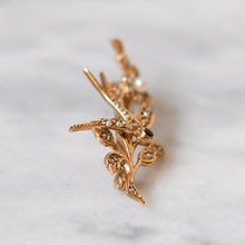 Load image into Gallery viewer, Vintage 9K Yellow Gold Seed Pearl & Sapphire Swallow Brooch