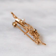 Load image into Gallery viewer, Vintage 9K Yellow Gold Seed Pearl & Sapphire Swallow Brooch