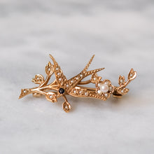 Load image into Gallery viewer, Vintage 9K Yellow Gold Seed Pearl & Sapphire Swallow Brooch
