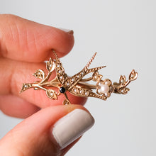 Load image into Gallery viewer, Vintage 9K Yellow Gold Seed Pearl & Sapphire Swallow Brooch