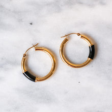 Load image into Gallery viewer, 14K Yellow Gold Black Onyx Hoop Earrings