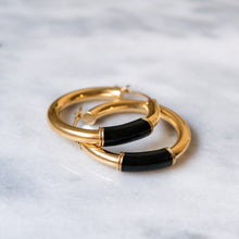 Load image into Gallery viewer, 14K Yellow Gold Black Onyx Hoop Earrings
