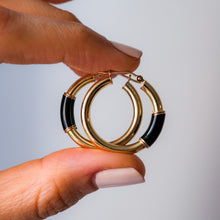 Load image into Gallery viewer, 14K Yellow Gold Black Onyx Hoop Earrings