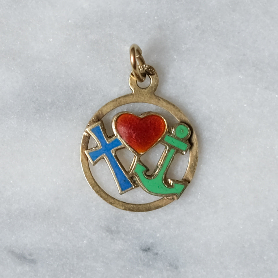 Vintage 14K Yellow Gold Enamel FAITH, HOPE CHARITY Charm