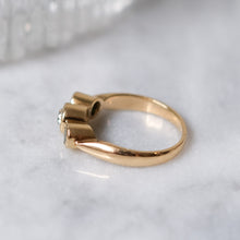 Load image into Gallery viewer, Antique 14K Yellow Gold Diamond and Emeralds Trilogy Ring