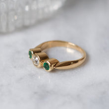 Load image into Gallery viewer, Antique 14K Yellow Gold Diamond and Emeralds Trilogy Ring