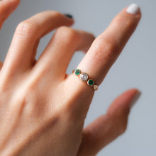 Load image into Gallery viewer, Antique 14K Yellow Gold Diamond and Emeralds Trilogy Ring