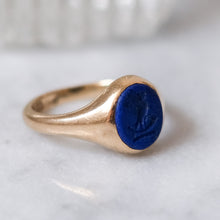Load image into Gallery viewer, Antique 9K Yellow Gold Lapis Lazuli Owl Signet Ring