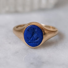 Load image into Gallery viewer, Antique 9K Yellow Gold Lapis Lazuli Owl Signet Ring