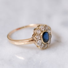 Load image into Gallery viewer, Antique 14K Yellow Gold Sapphire and Diamond Halo Ring