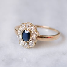 Load image into Gallery viewer, Antique 14K Yellow Gold Sapphire and Diamond Halo Ring