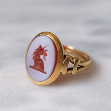 Load image into Gallery viewer, Antique 14K Yellow Gold Unicorn Agate Intaglio Signet Ring