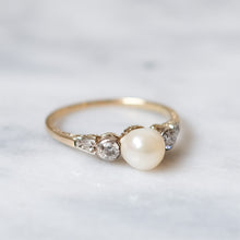 Load image into Gallery viewer, Art Deco 14K Yellow Gold Three-Stone Pearl and Diamond Ring