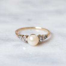 Load image into Gallery viewer, Art Deco 14K Yellow Gold Three-Stone Pearl and Diamond Ring
