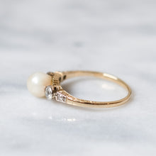 Load image into Gallery viewer, Art Deco 14K Yellow Gold Three-Stone Pearl and Diamond Ring