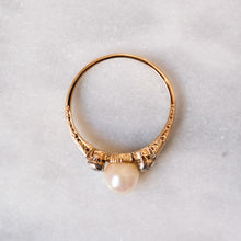 Load image into Gallery viewer, Art Deco 14K Yellow Gold Three-Stone Pearl and Diamond Ring