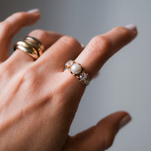Load image into Gallery viewer, Victorian 18K Yellow Gold Pale Blue Enamel Three-Stone Pearl and Diamond Ring