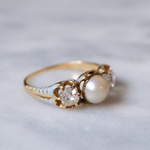 Load image into Gallery viewer, Victorian 18K Yellow Gold Pale Blue Enamel Three-Stone Pearl and Diamond Ring