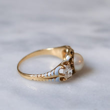 Load image into Gallery viewer, Victorian 18K Yellow Gold Pale Blue Enamel Three-Stone Pearl and Diamond Ring