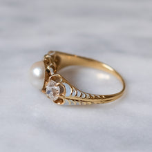Load image into Gallery viewer, Victorian 18K Yellow Gold Pale Blue Enamel Three-Stone Pearl and Diamond Ring