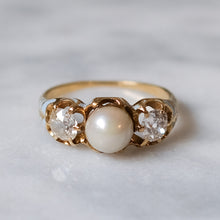 Load image into Gallery viewer, Victorian 18K Yellow Gold Pale Blue Enamel Three-Stone Pearl and Diamond Ring