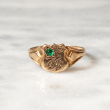 Load image into Gallery viewer, Antique 14K Yellow Gold "DB" Emerald Signet Shield Ring Size US 6.5 / UK M.5