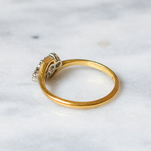 Load image into Gallery viewer, Antique 18K Yellow Gold and Platinum Past Present Future Diamond Cross Over Trilogy Ring