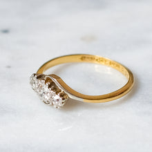 Load image into Gallery viewer, Antique 18K Yellow Gold and Platinum Past Present Future Diamond Cross Over Trilogy Ring