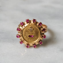 Load image into Gallery viewer, Vintage 18K Yellow Gold Qu'hier Que Demain Ruby Halo Augis Ring