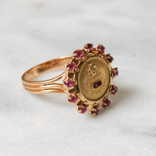 Load image into Gallery viewer, Vintage 18K Yellow Gold Qu'hier Que Demain Ruby Halo Augis Ring