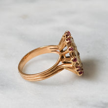 Load image into Gallery viewer, Vintage 18K Yellow Gold Qu'hier Que Demain Ruby Halo Augis Ring