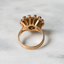 Load image into Gallery viewer, Vintage 18K Yellow Gold Qu'hier Que Demain Ruby Halo Augis Ring