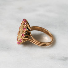 Load image into Gallery viewer, Vintage 18K Yellow Gold Qu'hier Que Demain Ruby Halo Augis Ring