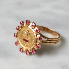 Load image into Gallery viewer, Vintage 18K Yellow Gold Qu'hier Que Demain Ruby Halo Augis Ring