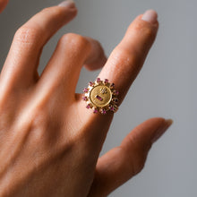 Load image into Gallery viewer, Vintage 18K Yellow Gold Qu'hier Que Demain Ruby Halo Augis Ring