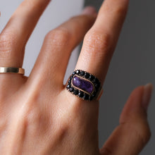 Load image into Gallery viewer, Antique Georgian 9K Rose Gold Amethyst with Jet Stone Halo Mourning Ring