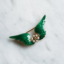 Load image into Gallery viewer, Victorian 14K Yellow Gold Enamel Pearls and Diamond Angel Wings Brooch