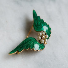 Load image into Gallery viewer, Victorian 14K Yellow Gold Enamel Pearls and Diamond Angel Wings Brooch