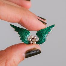 Load image into Gallery viewer, Victorian 14K Yellow Gold Enamel Pearls and Diamond Angel Wings Brooch