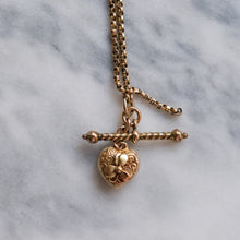 Load image into Gallery viewer, Victorian 9K Rose Gold Albertina Watch Chain with Repousse Heart and Floral Ball and T-Bar