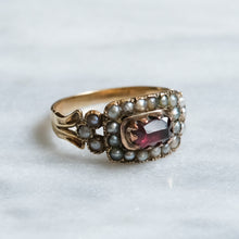Load image into Gallery viewer, Georgian 14K Rose Gold Garnet and Seed Pearl Mourning Ring