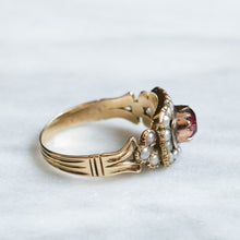 Load image into Gallery viewer, Georgian 14K Rose Gold Garnet and Seed Pearl Mourning Ring