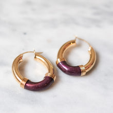 Load image into Gallery viewer, 14K Yellow Gold Deep Maroon Enamel Hoop Earrings