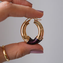 Load image into Gallery viewer, 14K Yellow Gold Deep Maroon Enamel Hoop Earrings