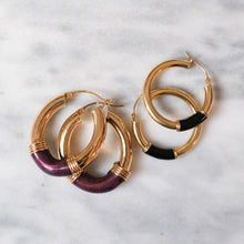 Load image into Gallery viewer, 14K Yellow Gold Deep Maroon Enamel Hoop Earrings