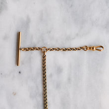 Load image into Gallery viewer, Victorian 14K Gold Pocket Watch Chain and T-Bar with 18K Textured Enamel Flower Ball Fob Charm