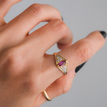 Load image into Gallery viewer, Vintage 18K Yellow Gold Marquise Pink Sapphire and Diamond Ring
