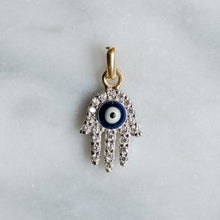 Load image into Gallery viewer, RESERVED for S: Vintage 14K Yellow and White Gold Evil Eye and Hamsa Diamond Pendant